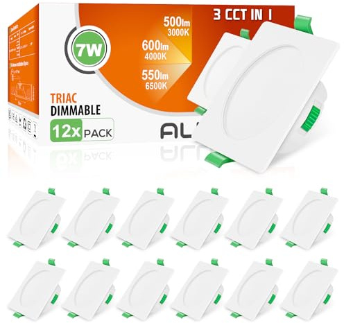 ALUSSO Square LED Downlights Dimmable 7W IP44 Slim Recessed Ceiling Lights, 3CCT 3000K Warm 4000K Neutral 6500K Cool Adjustable Bathroom Spotlights, White, 12 Pack