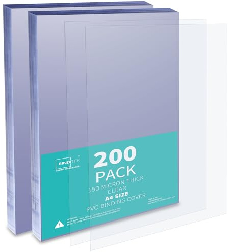 Binditek 150 Micron PVC Binding Covers, A4 Size, Clear, 200 Pack