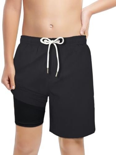 LUCOWEE Boys Swim Trunks Compression Boxer Brief Lined Anti Chafe Swimming Shorts Bathing Lakewear Sandless Stretchy Functional Drawstring Light Weight Quick Dry UPF 50+ Black Size Large