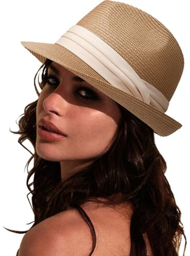 DRESHOW Damen Panama Hut Breiter Krempe Stroh Sommer Fedora Strohhut Panama Aufrollen Hut Strand Rollbar UV Sonnenhut UPF 50 +