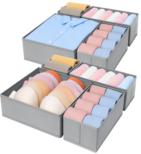 DIMJ Collapsible Wardrobe Drawer Organiser - 8 Pack Closet Organizer with 3 Sizes, Drawer Dividers for Clothes, Underwear, Socks, Ties, Bras, Baby Items, Multipurpose Wardrobe Storage Organiser