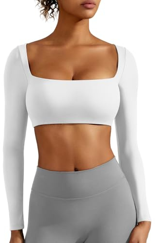 ZAAYO Top corto de manga larga para mujer, camiseta de gimnasio para mujer, con sujetador integrado, camiseta básica, camiseta deportiva para mujer, con escote cuadrado, Blanco, M