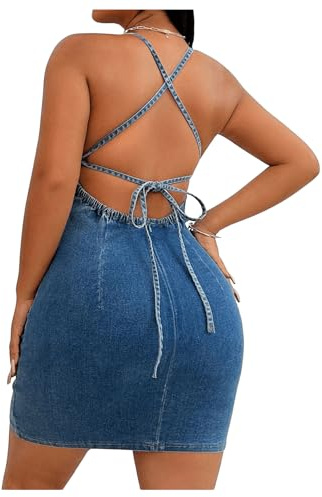 Floerns Women's Backless Criss Cross Denim Cami Dress Halter Neck Bodycon Mini Dresses Blue Large