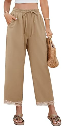 UMIPUBO Pantaloni Donna Estivi Leggeri Cotone Larghi 7/8 Pantalone Eleganti Elastica Vita Comodi Palazzo Pants Casual Comodi Pantaloni da Spiaggia con Tasche e Coulisse (Cachi, XL)