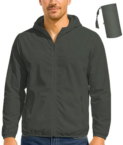 Besentinels UPF 50+ Light Jacket Full Zip for Men,UV Protection Sun Shirts for Men with Hoodie,Fishing,Hiking,Golf,Cycling,Breathable,FSY-Grey-L