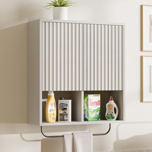 MoomJiee Fluted Wall Cabinet, Modern Medicine Cabinet Bathroom with Doors and Adjustable Shelf Towel Rack Wood Storage Cabinet for Kitchen Dining Room Living Room, White