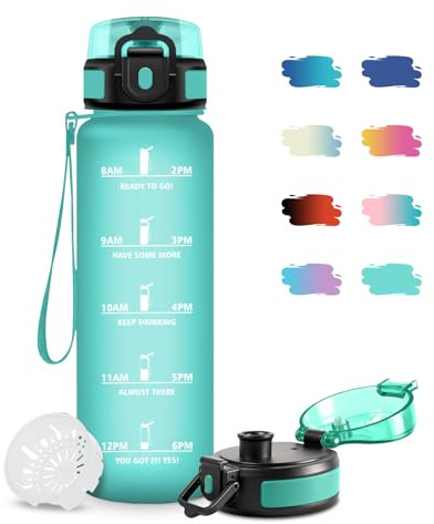 JAPORIA Borraccia 1L, Bottiglia con Marcatori Temporali, Borraccia con Filtro, Bottiglia Acqua Riutilizzabile, Borracce senza BPA, Borracce per Adulti, Scuola, Ufficio, Sport