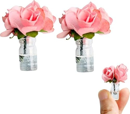 2 mini jarrones en miniatura para casa de muñecas, micropaisaje, botella de vidrio de flores coloridas, decoración en miniatura para casa de muñecas a escala 1:12, accesorios de decoración (rosa)