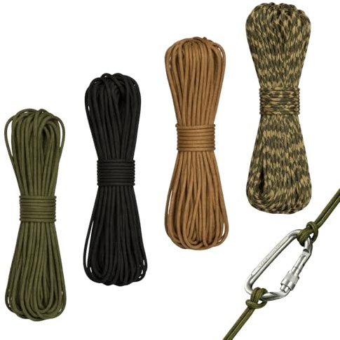 4 Piezas 8 Metros Paracord Cuerda de Nailon Paracaídas Diámetro 4mm, Cuerda Resistente con 7 Hilos de Nylon 100%, Capacidad de Carga, Ideal para Camping, Escalada y Pulseras Paracord