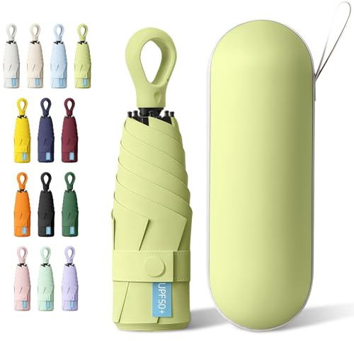 HCQC Mini Sun Umbrella with Ring Handle – UPF 50+ UV Protection 99.9%, Compact Travel Umbrella for Purse & Backpack, Lightweight Small Portable, Rain & Sun for Women Men Kids (Matcha Green)