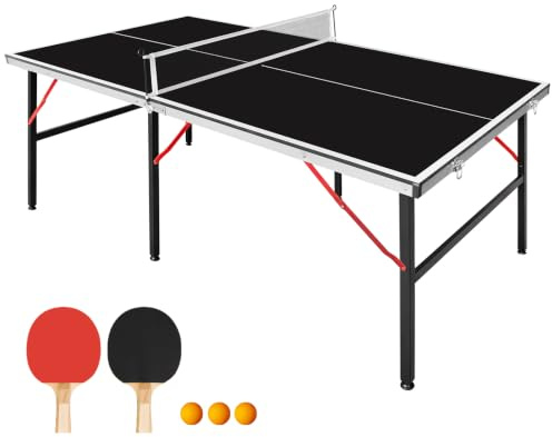 GYMFLEX Mesa de ping pong plegable y portátil, de 182 x 91 cm, para juegos de interior y exterior con red, 2 raquetas de ping pong y 3 pelotas, con tablero negro y patas de mesa negras