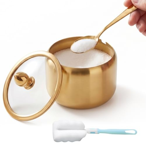 Azucarero Acero Inoxidable Oro Dorado Moderno Bote de Azúcar con Tapa de Cristal Transparente y Cuchara de Azúcar Cuenco de Azúcar Tarro Contenedor de Condimento Organizador Cocina Estación Café