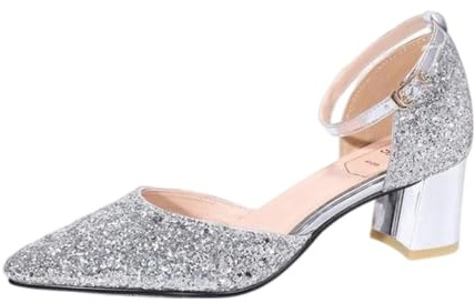 Genérico Zapatos Novia Lentejuelas Sandalias Tacón Ancho Metalizado Fiesta