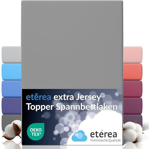 etérea Premium Topper Spannbettlaken 180x200cm – 200x220cm Grau – extra Jersey Spannbetttuch bis 10cm Höhe und 220 cm Länge – 160 g/m² schwere gekämmte Baumwolle – Topper Bettlaken