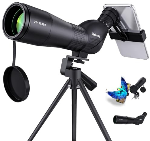 Huicocy Spotting Scopes, 39-19m/1000m Spotting Scopes with Tripod, FMC Lens, BAK4 45 Degree Angled Eyepiece, Fogproof Scope with Phone Adapter, Carry Bag, Bird Watching Wildlife Scenery (20-60x60mm)