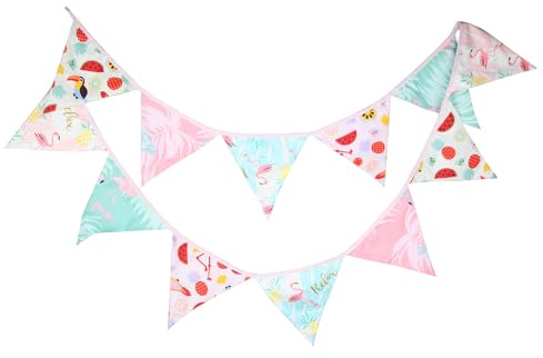G2PLUS Flamingo Fabric Bunting Banner, 10.8 Feet Double Sided Floral Cotton Garlands, 12PCS Fabric Triangle Pennants for Summer Hourse and Afternoon Tea Garden Party