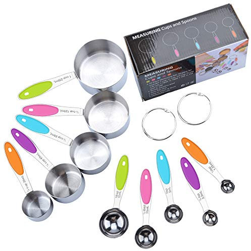 Fohil Messbecher und Löffel Edelstahl 10 Set - 5 Messbecher 5 Messlöffel mit Silikon Griff Multifunktions für Küche Kochen Backen