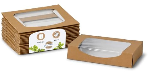 BIOZOYG Contenitori di cartone bio con finestra trasparente I Box per take away con finestra in PLA - impermeabili anti-fuoriuscita compostabili I 400 confezioni per torte e dolci 900ml