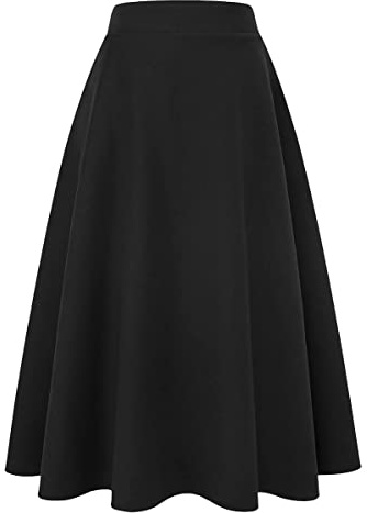 IDEALSANXUN Womens High Elastic Waist Maxi Skirt A-line Plaid Winter Warm Flare Long Skirt (Large, Long Pure Black)