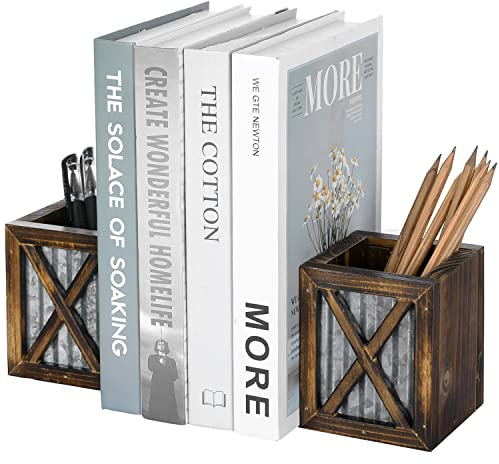 MyGift Rustic Decorative Bookends, Book Ends for Shelves with Pen Holder, for Home Office Classroom, Dorm Room, Desk, Burnt Wood with Corrugated Galvanized Metal Accent