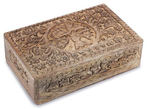 Ajuny Joyero Decorativo de Madera Tallada a mano Diseño de Tallas de árbol de la Vida Organizador de Almacenamiento de Recuerdos Multiusos Cofre del Tesoro Soporte para Baratijas ideal para Regalos