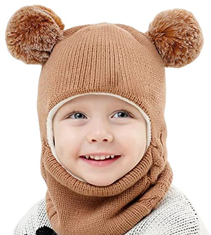 Balakaka 3 in 1 Cappello Passamontagna Bambino Inverno con Pompom, Cappello Bambino Sciarpa Inverno Berretto Scaldacollo Set Morbido a Maglia Sciarpa per Bambini 2-7 Anni Unisex, caffè