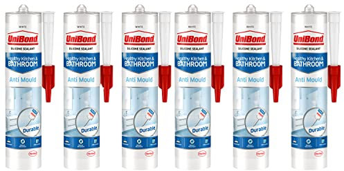 Unibond 2079356 Anti-Mould White, Waterproof Mould Protection Kitchen & Bathroom Sealant, Long-lasting White Silicone Sealant, Powerful Bath Sealant, 6 x 274g Cartridge