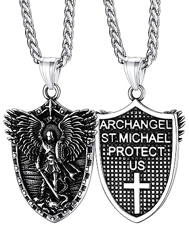 FaithHeart St Michael Archangel Pendant Necklace for Men, Stainless Steel Saint Michael Shield Jewelry, Christian Prayer Neck Charm Sturdy Chain 22+2 inch