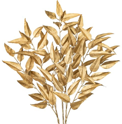 Set de 3 plantas artificiales doradas de eucalipto, rama de planta artificial para decoración de Navidad, flores secas para decoración del hogar, adornos de árbol de Navidad y año nuevo, decoración