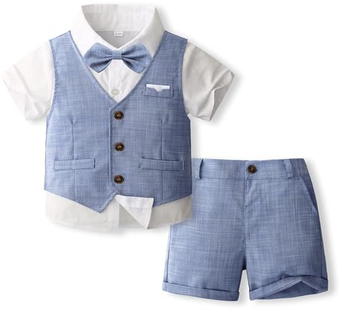 Volunboy Trajes para Bebé Niños de Boda Ceremonia, Verano Conjunto de Chaleco, Camisa, Pajarita, Shorts 4 Piezas(4-5 años,Azul,Etiqueta tamaño 120)