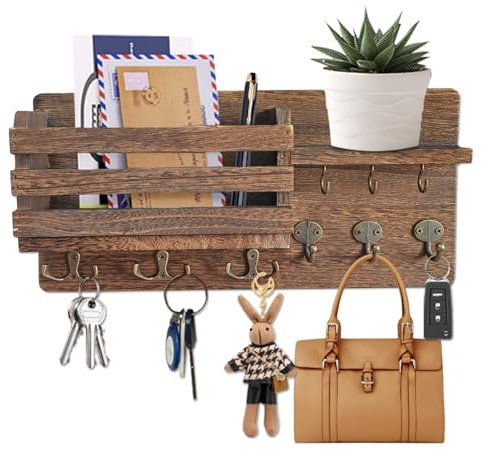 WwuHua Portachiavi con ripiano, portachiavi in legno con 9 ganci, cassetta portachiavi moderna, adatta per ingresso, porta di casa, corridoio, camera da letto, ufficio, marrone
