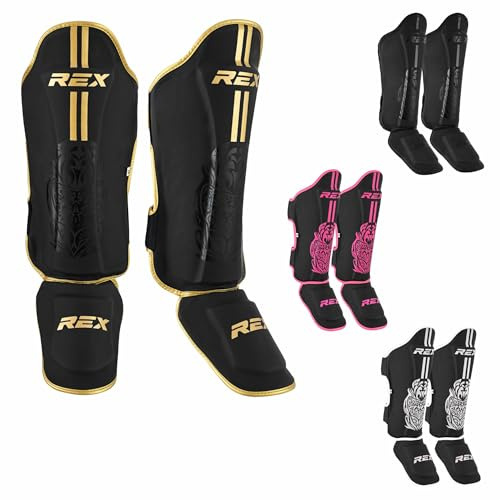 Rex Sports Endurance Shin Guard Instep for Kickboxing, MMA fighting pads, kickboxing shinpads, Muay Thai Leg pads, Rexene Leather Boxing protection for legs (GOLD/BLACK, S)