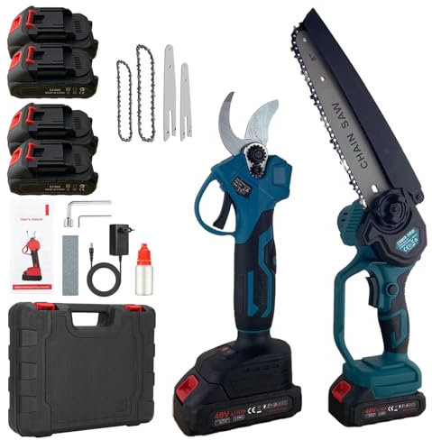 K2 STORE - forbici potatura a batteria 48v Set da potatura con forbici taglio 25mm e motosega da 6 e 8 pollici, il set comprende 4 batterie da 48v, 2 valigette accessori