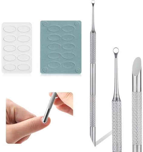 Qianyu 2-in-1 Stainless Steel Cuticle Pusher Tool Cuticle Trimmer Sticks with 20 Sheet Sandpaper 100/180 Grit Polishing Tablets Nail Care Manicure Kit for Manicure Pedicure Nail Art