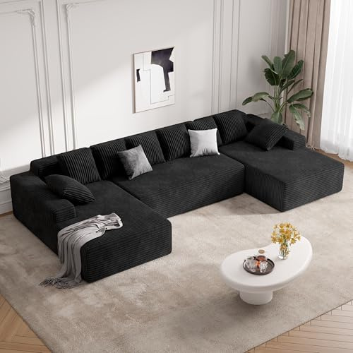 131'' Modular Sectional Sofa with Chaise Lounge, U-Shaped Cloud Couches for Living Room, No Assembly Required Corduroy Boneless Couch, Black