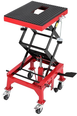 Hydraulic Motorcycle Lift Jack, 350 LBS Capacity Foot-Operated Scissor Jack with Wide Deck & Locking Wheels for Motorcycle, ATV & Buggy Maintenance, Red
