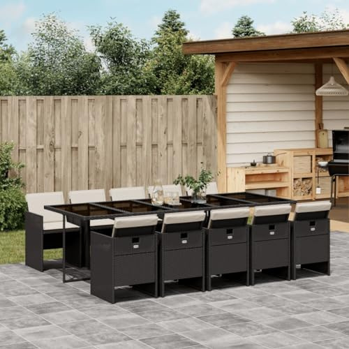JHQHSM 11-TLG. Gruppo da giardino con cuscino in polyrattan nero, sedie pieghevoli con imbottitura e piano in vetro per terrazza, durevole rattan PE resistente alle intemperie, mobili da giardino