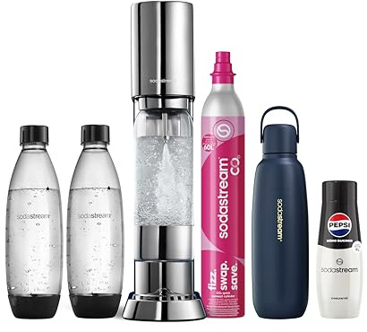 Sodastream Ensō Machine à Eau Pétillante et Soda | Pack 3 Bouteilles 1L + 1 Recharge de Gaz 60L +1 Gourde Isotherme Fizz&Go Cool Bleue + 1 Concentré Pepsi Zéro Sucres| Finition Acier Inoxydable