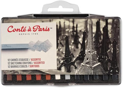 Conté a Paris 50247 Carré - Set di 12 gessetti con elevata resistenza alla luce, in pigmenti di alta qualità per schizzi, disegni e ritratti, colori assortiti