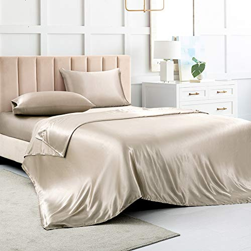 Sábanas de satén tamaño King, sábanas de Seda Gris Pardo, Juego de Ropa de Cama Suave de 4 Piezas con 1 sábana Bajera de Bolsillo Profundo, 1 sábana encimera y 2 Fundas de Almohada