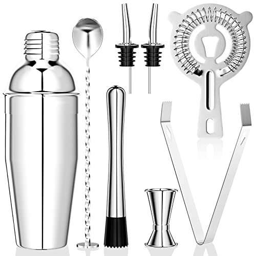 Newaner 750 ML shaker, 8 pezzi cocktail set kit in Acciaio Inox,professionale barman set, con Colino, Jigger, Cucchiaio, Versatore, per Miscelare Bevande, Casa, Bar, Feste (Argento)