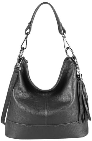 OBC Made in Italy Damen Leder Tasche Umhängetasche Shopper Schultertasche Handtasche Crossbody City Bag Crossover Ledertasche Damentasche Fransen Schwarz