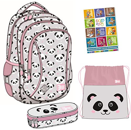 Goldkids St. Right Rucksack Schulrucksack 4er Set Jugendrucksack 20L Federmappe Stiftebox Turnbeutel Grey Panda inkl Hausaufgabenheft