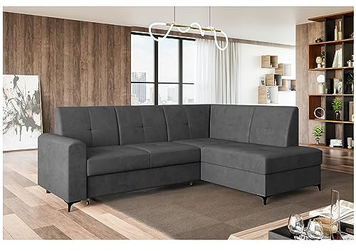 MEBLINI Schlafcouch mit Bettkasten - Kleines Ecksofa mit Schlaffunktion - Sofa mit Relaxfunktion - Kleine Couch L-Form - Eckcouch - Scandi - 236x171x85cm Rechts - Dunkelgrau Samt