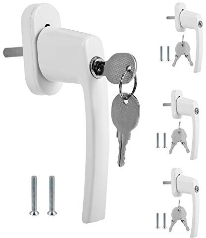 Ikodm 4x Maniglia con Blocco Antifurto, Maniglie per Finestre con Chiavi - Chiusura di Sicurezza Bambini - Serratura a Spinta con Cilindro, Chiave Maestra - con Serratura Perno 35mm - Bianco