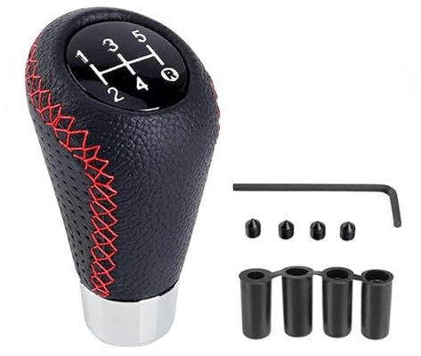 Juttzzei Schaltknauf 5 Gang Auto Schalthebel Universal Schaltknüppel Leder, Schaltknauf Tuning Manueller mit 4 Adaptern 8mm 10mm 11mm 12mm für Manueller Autos mit 5 Gang Schaltgetriebe - Rot Nähte