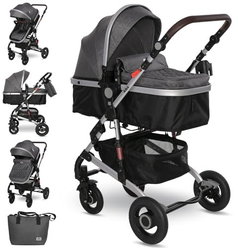 Lorelli Kinderwagen Alba 2 in 1 mit Federung, Umwandelbar in Sportsitz, Baby Kombikinderwagen bis 15kg, Zusammenklappbar, Große Gummireifen, Großer Einkaufskorb, Organizer Tasche, Grau