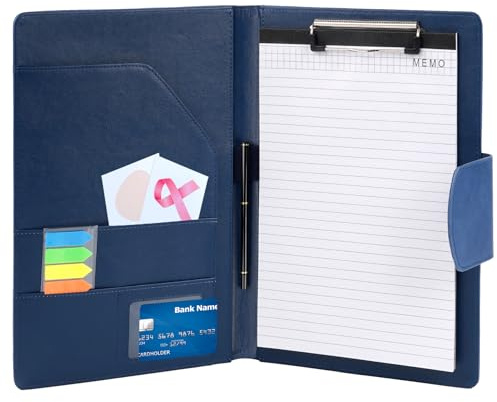 Agoer Klemmbrett A4 Schreibmappe Klemmbrettmappe PU-Leder, Konferenzmappe DIN-A4 mit Magnetverschluss, Schreibbrett Klemmbrettmappe inklusive A4 Notizblock Dokumentenfächern und Stift - Blau