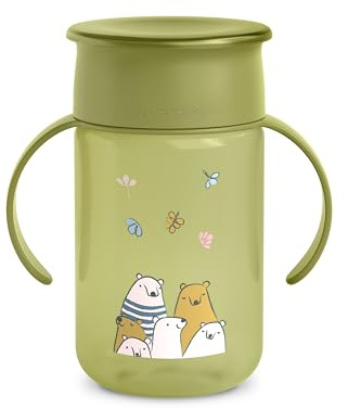 Suavinex, Tazza didattica per bambini, con sistema antigoccia 360 antimacchia con manici e coperchio, lavabile in lavastoviglie e adatta al microonde, 340 ml, per bambini +12 mesi, My Family verde