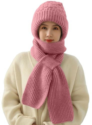 Yutdeng Damen Hut Schal Einteiler Winter Warm Kapuzenschal Frauen Gestrickt Dicker Einteiliger Strickmütze Winterschal 2 in 1 Integrierter Gehörschutz Winddichte Strick Mütze mit Schal Hutschal Thermo